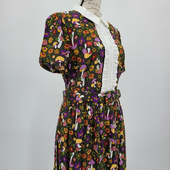 Modcloth Green Belted Dress with Floral and Mushroom Pattern - Picture 3 of 11